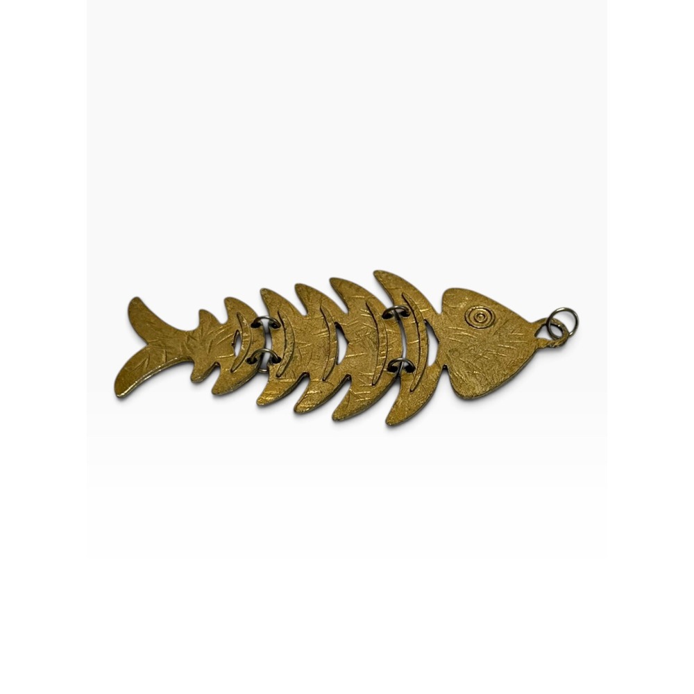 Artisian Articulated Brass Tone 4.5" Fish Skeleton Pendant Gold Tone